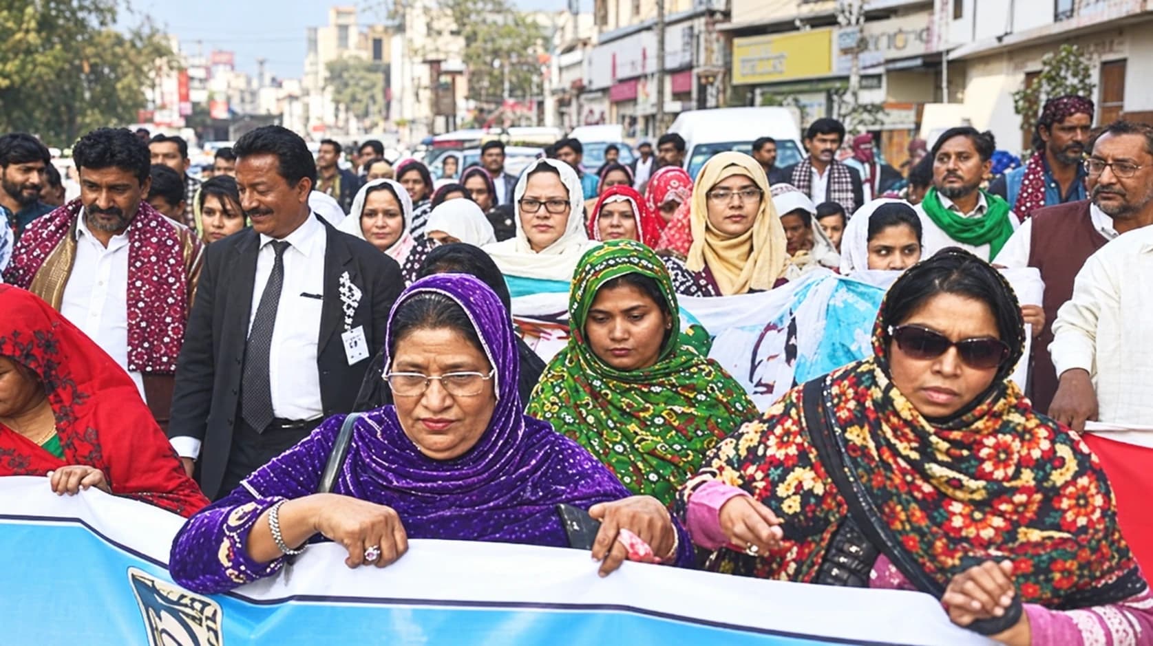 Women and men standing together behind a banner at a public gathering.
