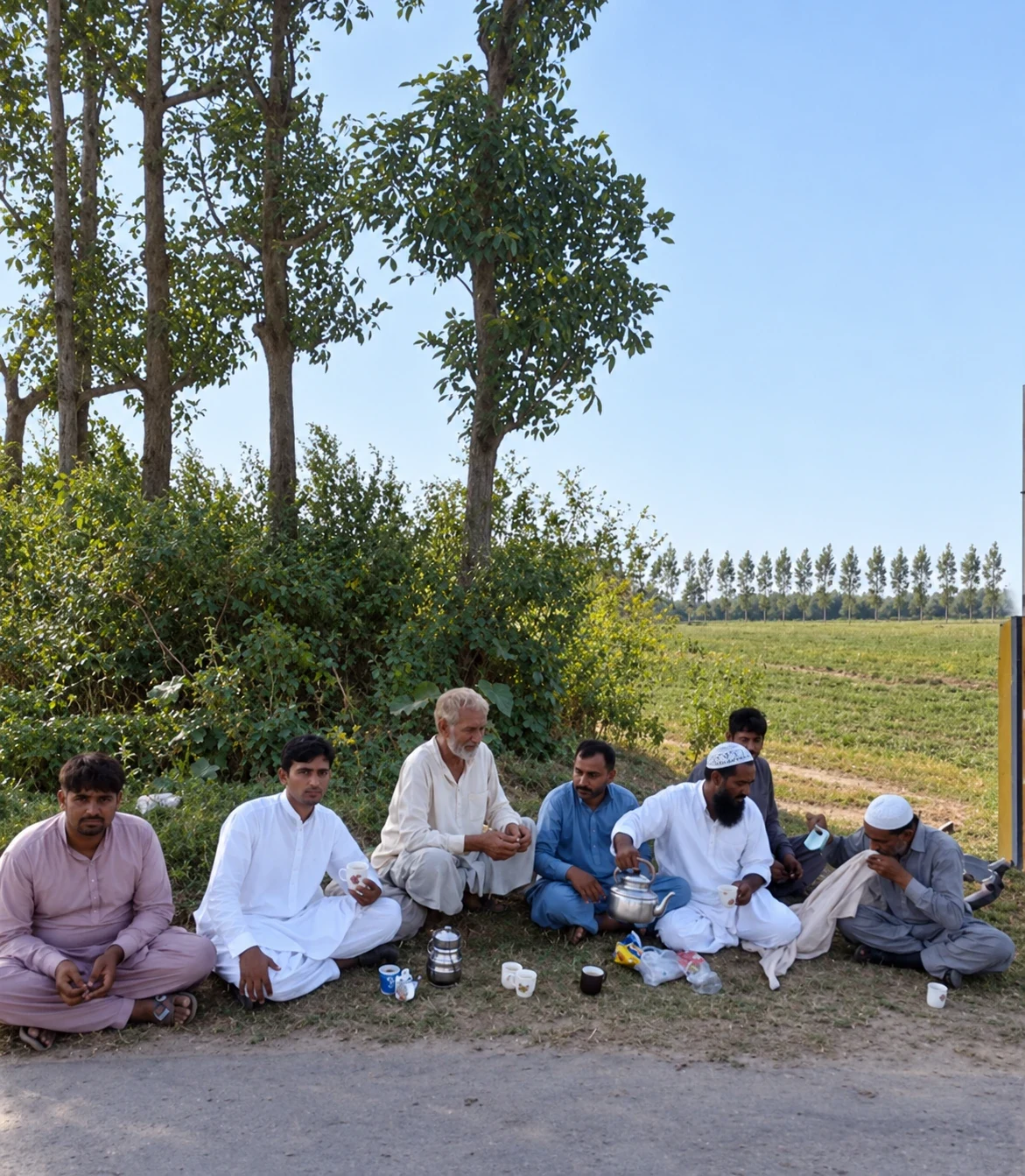 A group of men seated beside a field in the shade of trees.