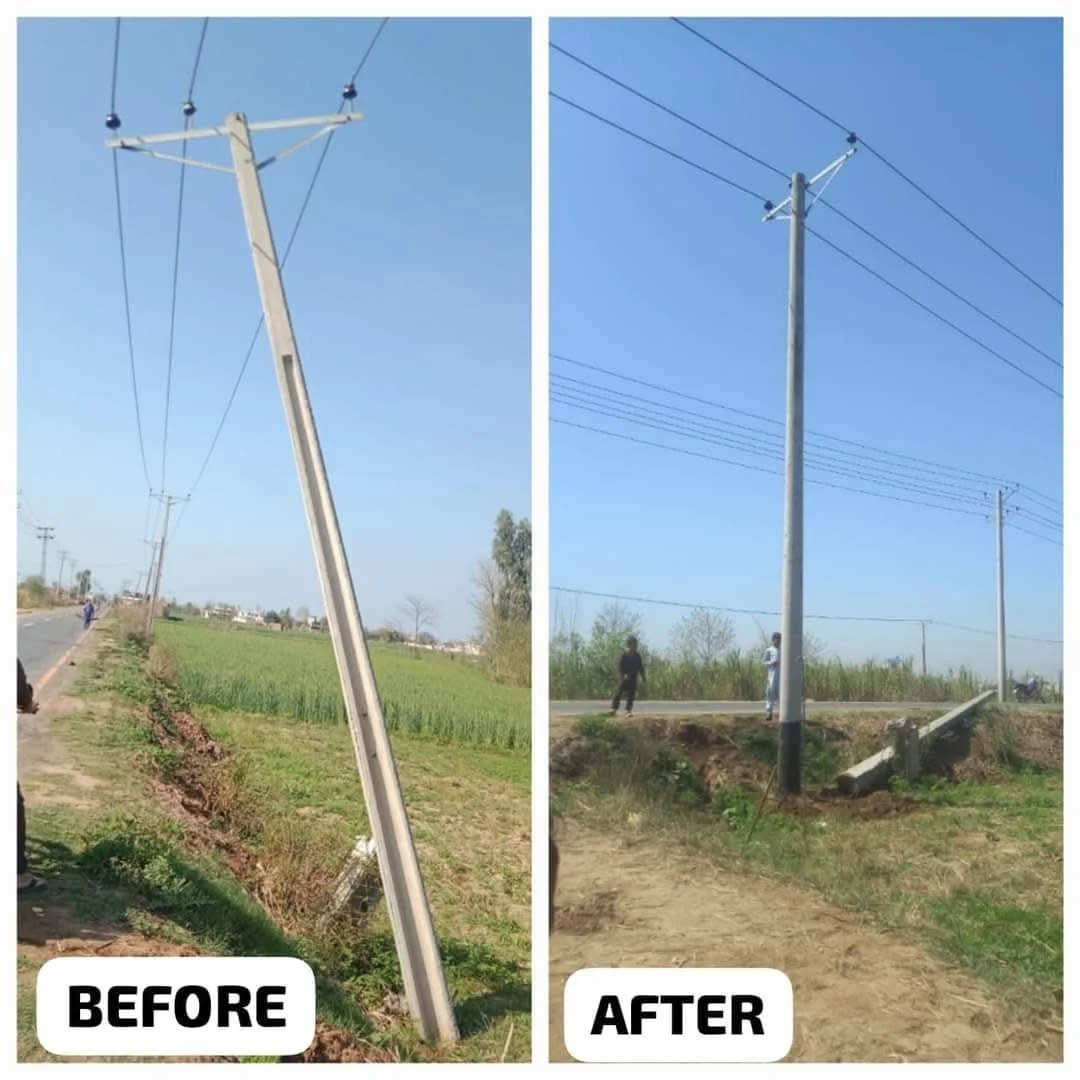 The roadside electricity pole before and after replacement