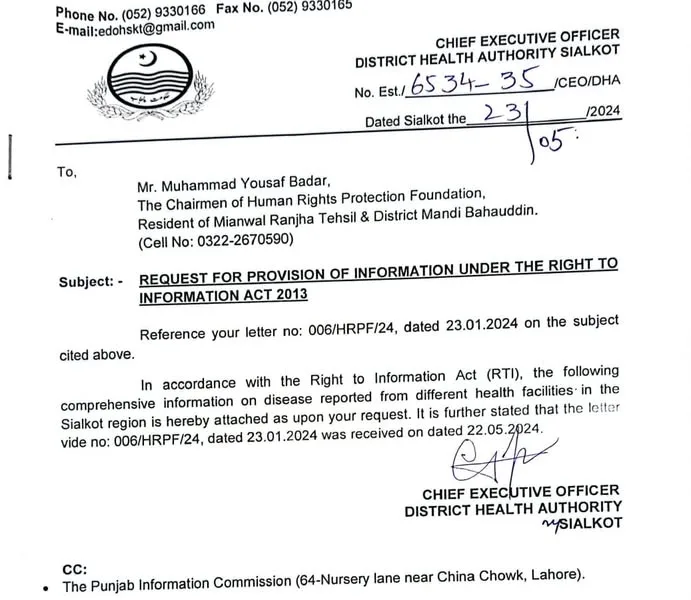 District Health Authority Sialkot RTI reply, 23 May 2024