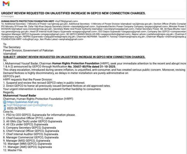 HRPF representation seeking review of GEPCO connection charges
