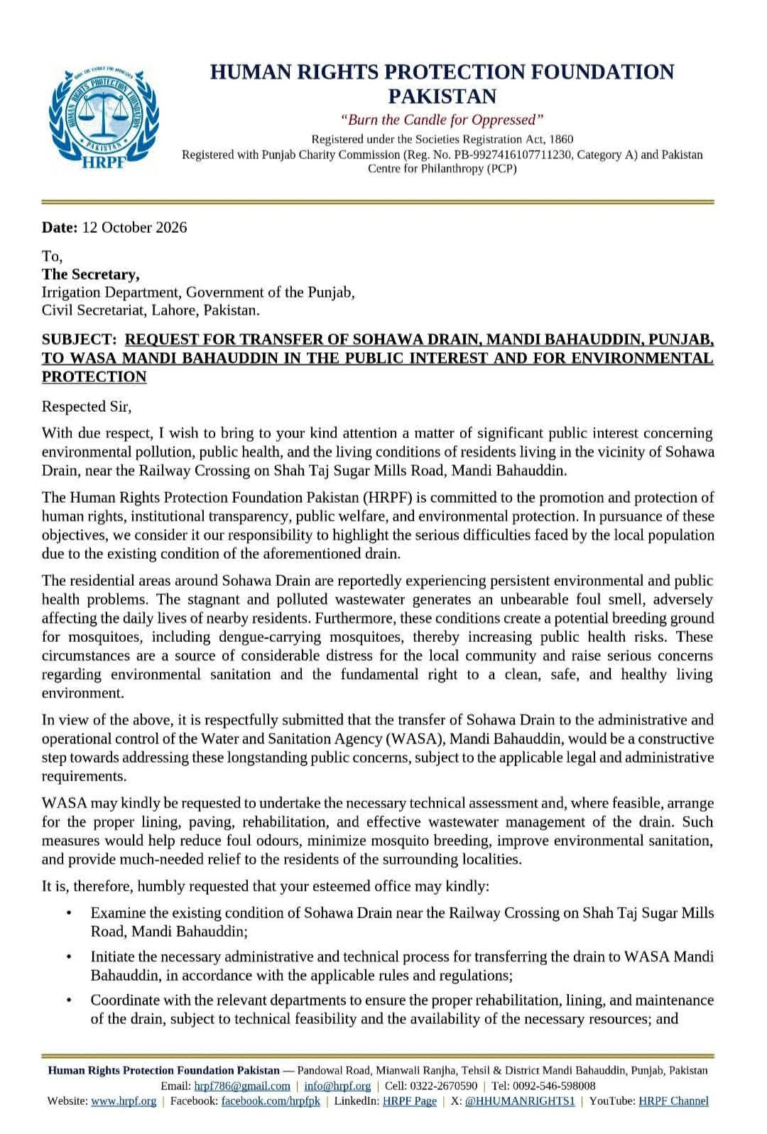 HRPF Urges Urgent Action on Sohawa Drain Pollution in Mandi Bahauddin, Punjab